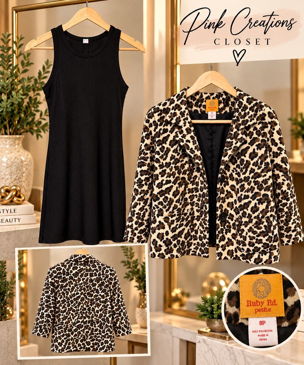 Leopard Blazer & Black Mini Dress 2 Piece Outfit Set Size S/M